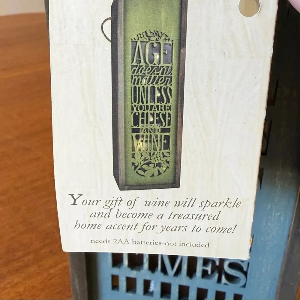 NWT Blue Brown Lighted Wine Box Rope Handle “Good Friends Good Wines Good Times“